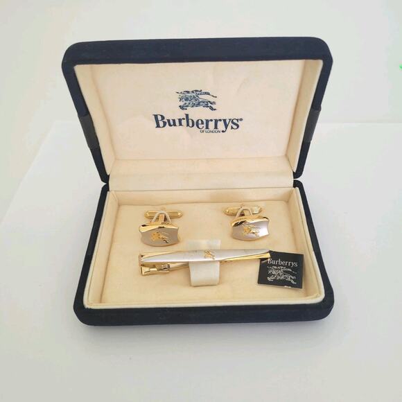 Burberry Tie Bar Clip Clasp Cufflinks Set Gold Silver Tone 2in Logo Vintage Logo - Picture 1 of 14